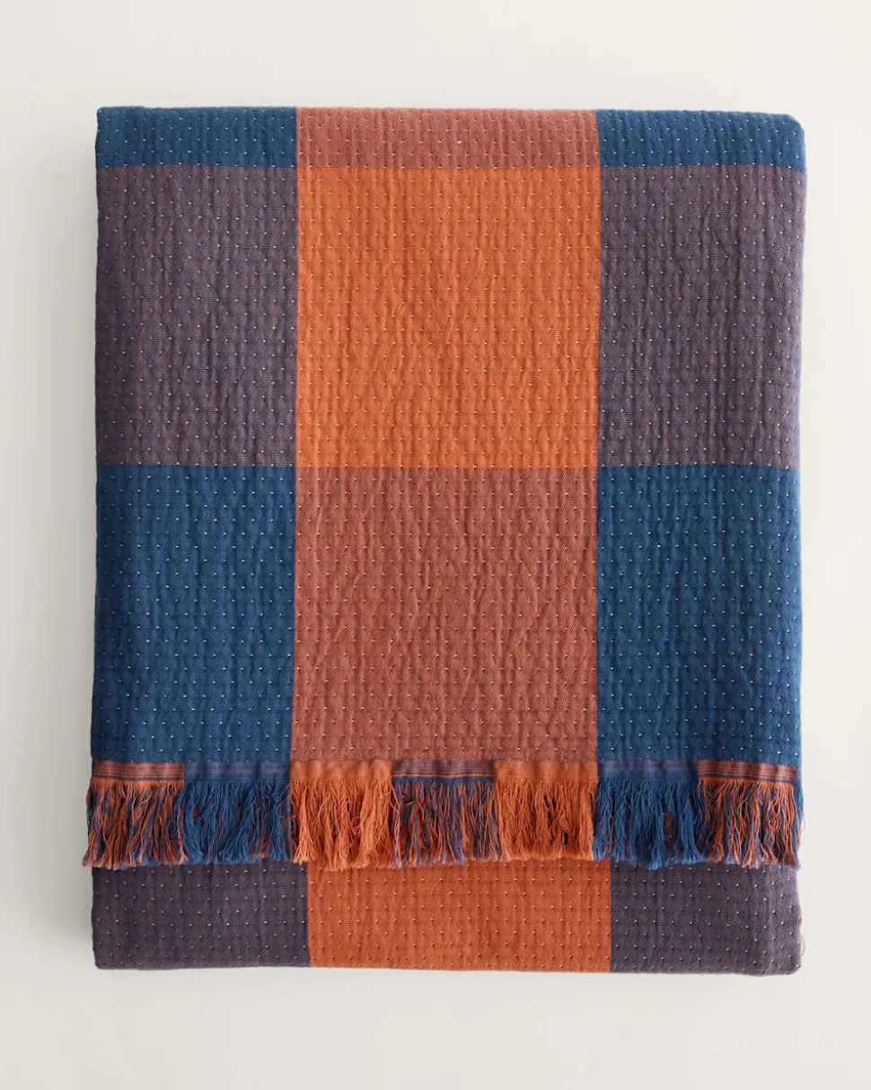 BLOCK PLAID ORGANIC COTTON FRINGED THROW