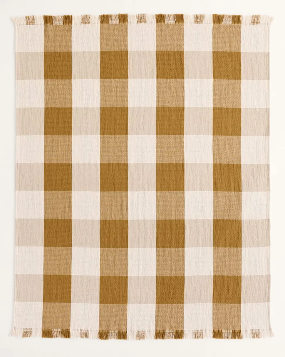 BLOCK PLAID ORGANIC COTTON FRINGED THROW