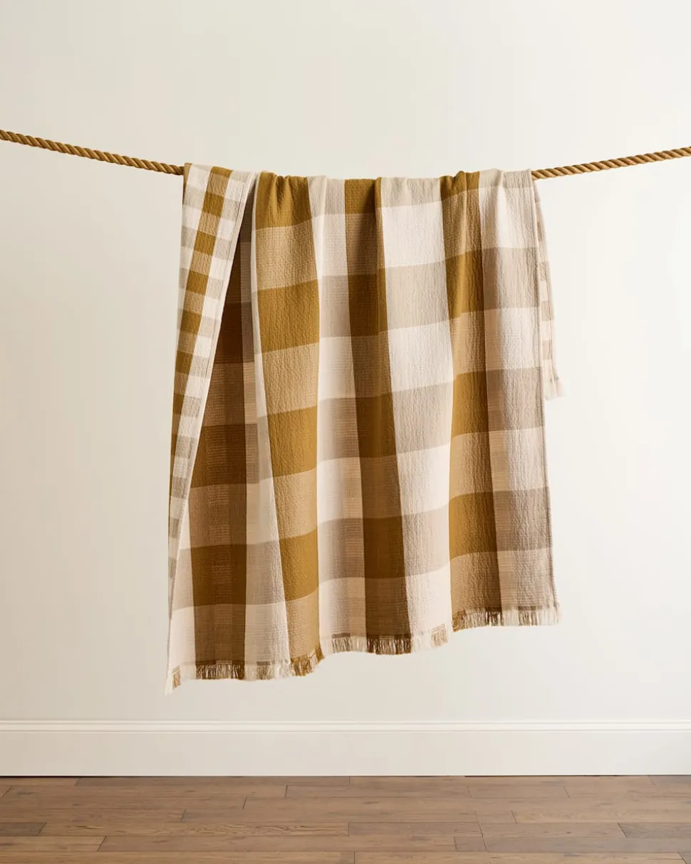 BLOCK PLAID ORGANIC COTTON FRINGED THROW