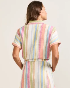 WOMEN'S SHORT-SLEEVE STRIPE LINEN SHIRT