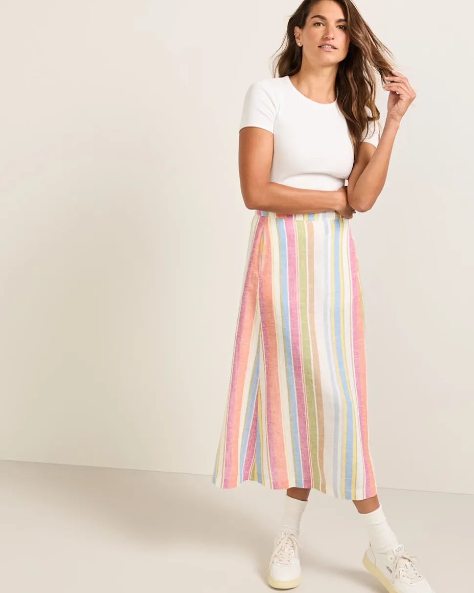 WOMEN'S STRIPE LINEN MIDI SKIRT